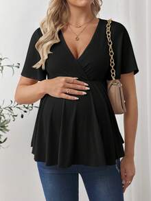 SHEIN Maternity Solid Color Overlap V-Neck Ruffle Short Sleeve Casual T-Shirt - Black - View 4