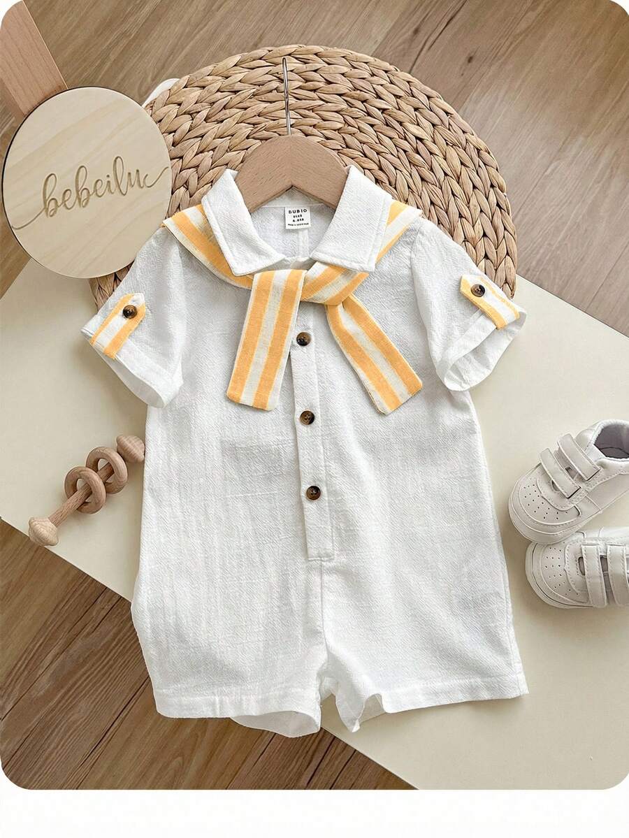 男女宝宝休闲学院风纯色短袖衬衫，条纹披肩领连体短裤，适合春夏穿着，室内外皆可。 - 彩色 - 查看 1