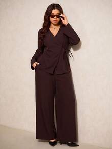 Elaquor 大码女式纯色裹身系带长袖外套和阔腿裤休闲套装，秋冬女装 - 卡其色 - 查看 3