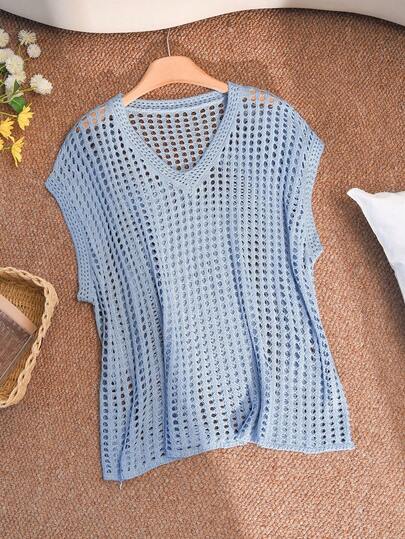 CosyJoli Plus Size Elegant French Minimalist Casual Washed Denim Knit Hollow Out Sleeveless Top For Women