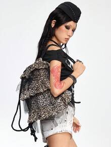 ROMWE Grunge Punk Women's Large Capacity Fashionable Sweet Leopard Print Ruffle Drawstring Backpack - leopard print - View 6