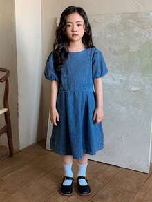 DAZY 女童（小号）圆领泡泡袖牛仔连衣裙 - 藍色 - 查看 3