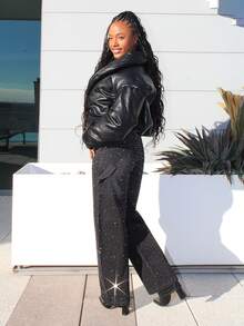 Steph T Thick Padded Fold Over Collar Faux Leather Coat Night Out Autumn Fall Winter Back To School Everyday Outerwear - Black - View 4