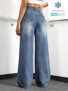 SHEIN Tall Quần jean nữ cạp cao, ống rộng, dáng suông, họa tiết râu mèo, chất liệu denim mài bạc. - Rửa trung bình - Xem 2