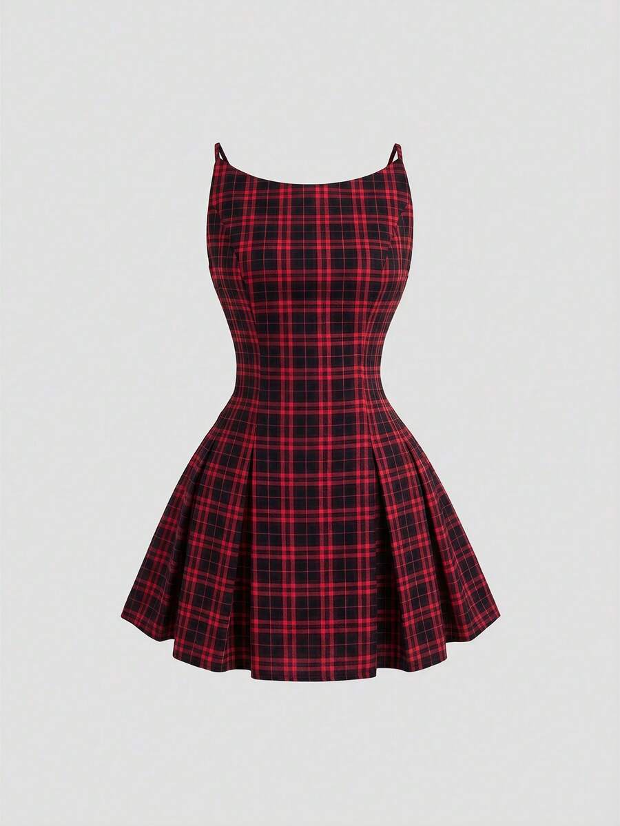 Sweetra Elegant Plaid Pleated Waist Mini Dress - Red - View 1