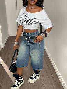 DAZY Women's Casual Daily Commute Fashion Street High Waist Loose Wide Leg 3/4 Length Denim Shorts - Blue - View 5