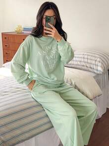 DAZY 2pcs Women Graphic Print Loose Fit Long Sleeve Sweatshirt And Straight Leg Pants Pajama Set, Autumn/Winter - Green - View 6