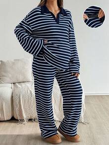 SHEIN 两件套孕妇休闲通勤套装 - 撞色条纹印花宽松落肩T恤和可调节腰围直筒裤套装，春秋季 - 藍色 - 查看 7
