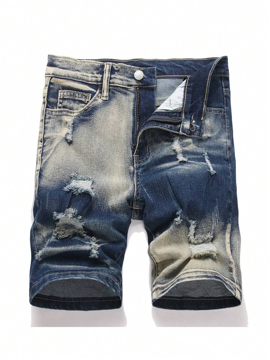 Tween Boy Fashion Homecoming Day Time Streetwear Casual Mix And Match Versatile Design Y2k Vintage Cool Street Retro Gradient Design Blue Elasticated Tight Denim Shorts For Kids Tween Boy Dailywear And Kids Summer To Rave Festival And Streetwear - Blue - View 1