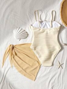 SHEIN Bộ đồ bơi ôm sát, chất liệu mềm mại, phối màu tương phản, dành cho bé gái tuổi teen. - Màu be - Xem 3