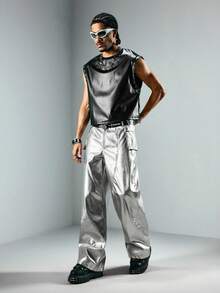 ROMWE MEN Street Life Men's Shiny PU Leather Zip Front Wide Leg Pants - Silver - View 7