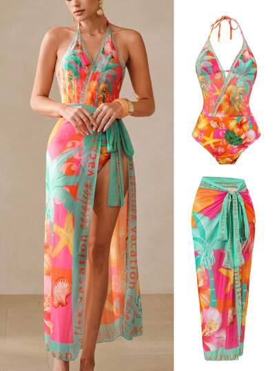 Swim Oasis 2 piezas Ropa de playa para mujer Traje de baño de una pieza con estampado floral tropical del océano Cubrecosturas para mujer Atuendo para fiesta de San Valentín, Año Nuevo, vacaciones Traje de baño de primavera y verano
