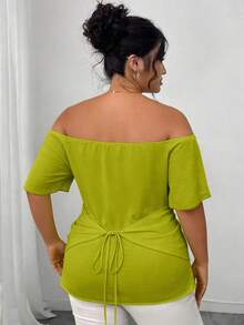 INAWLY Plus Size Solid Color Cross Wrap Off-Shoulder Ruffle Hem Fitted Top - Green - View 2