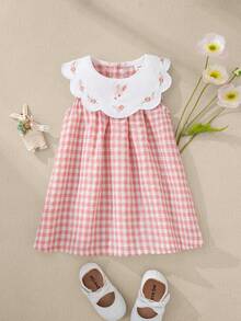 Souflis Souflis Summer Dresses New French Retro Patchwork Floral Collar Rabbit & Floral Embroidery Comfortable Pink Plaid Dress - Pink - View 2