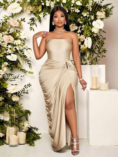 SOLERSUN 大码女装春夏时尚优雅性感休闲度假长裙，无袖无肩带设计，收腰高开衩，金属装饰，杏色针织面料，适合约会、舞会、派对、海滩派对、婚礼宾客礼服、舞会礼服、长款连衣裙、优雅连衣裙、奢华晚礼服，2026款