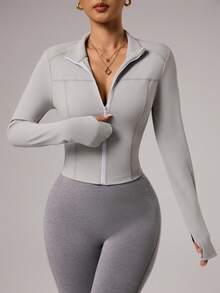 Dewbera Women's Stitch Detail Stand Collar Zip-Up Long Sleeve Shapewear Sports Jacket - Light Grey - View 5