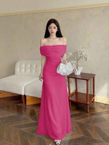 Modelyn 女士单肩褶皱腰身优雅婚纱/派对礼服 - 玫紅色 - 查看 6