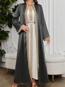 Al Najma Women's Water Soluble Lace Patchwork Dress With Outerwear, Muslim Fashion Abaya For Casual/Festival/Gathering/Travel - Dark Grey - View 5