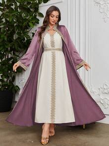 Al Najma 女士水溶性蕾丝拼接连衣裙，带外套，穆斯林时尚长袍，适合休闲/节日/聚会/旅行 - 紫色 - 查看 7