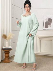 Al Najma 女士优雅撞色蕾丝珍珠装饰镂空喇叭袖宽松土耳其长裙 - 薄荷綠 - 查看 4