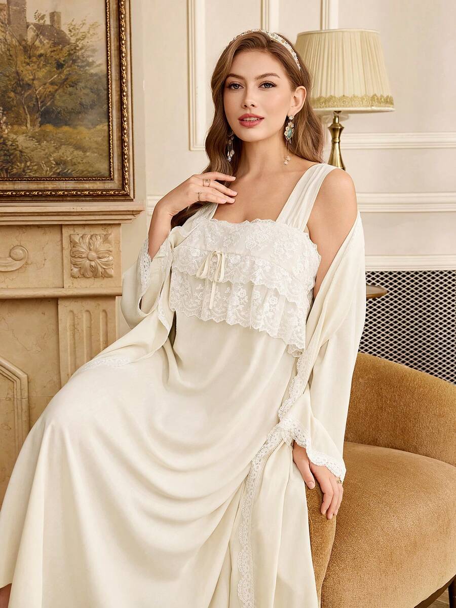 PalaceNights Bộ 2 món: Áo choàng dài tay viền ren + Áo choàng không tay viền ren cỡ lớn, thích hợp cho mùa xuân/hè. - Màu be - Xem 1