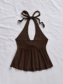 Soleia Áo ngủ nữ kiểu babydoll cổ chữ V buộc nơ, hở lưng, thích hợp cho kỳ nghỉ hè. - màu nâu - Xem 3