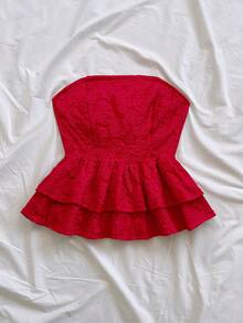 Soleia Áo ống nữ kiểu dáng thường ngày, chất liệu jacquard, màu trơn, có bèo nhún ở gấu, thích hợp cho mùa hè. - Đỏ - Xem 6