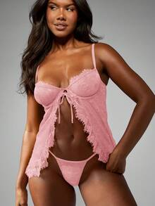 MISSGUIDED Lace Babydoll Lingerie Set With Matching Thong Intimate Sleepwear For Women - Baby Pink - View 4