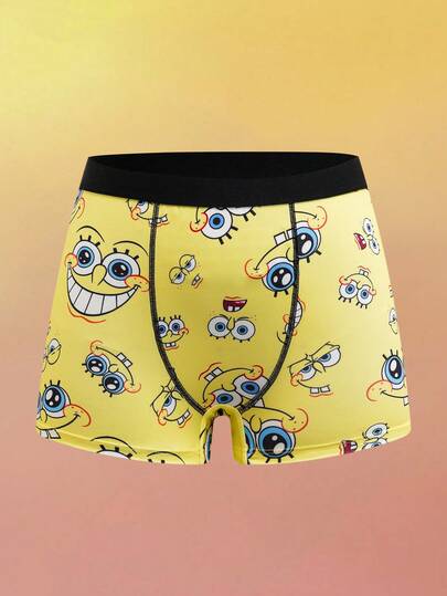 SpongeBob SquarePants | SHEIN 1件装女士卡通印花撞色滚边腰部缝线细节平角内裤