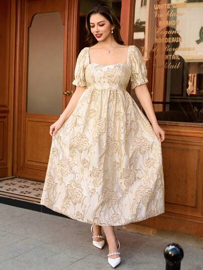 Elenzga Plus Size Women Elegant Jacquard Textured Party Dress