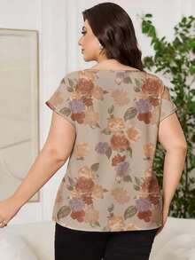 Reflora Elegant Rose Floral Print Casual Minimalist Plus Size Shirt, Suitable For Valentine's Day - White - View 2