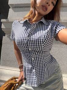 Pariaura Camisa feminina casual, Camisa feminina primavera/verão, Camisa feminina azul, Camisa feminina xadrez - Azul - Ver 4