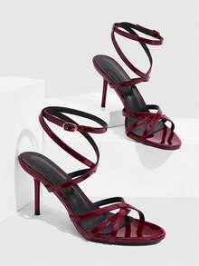 CUCCOO SZL Sandálias femininas de salto alto com múltiplas tiras cruzadas, bico redondo e salto fino. Fecho com cadarço e tiras para o dia a dia. Estilo casual e elegante. - Borgonha - Ver 2