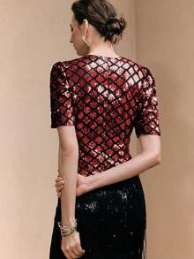 Arave Women's Velvet Sequined Top,Straight Shoulders,Fitted Waist,Puff Sleeves,Bow Design,Elegant Party,Summer,New Year,Modern Red And Black Party Top - Red - View 3