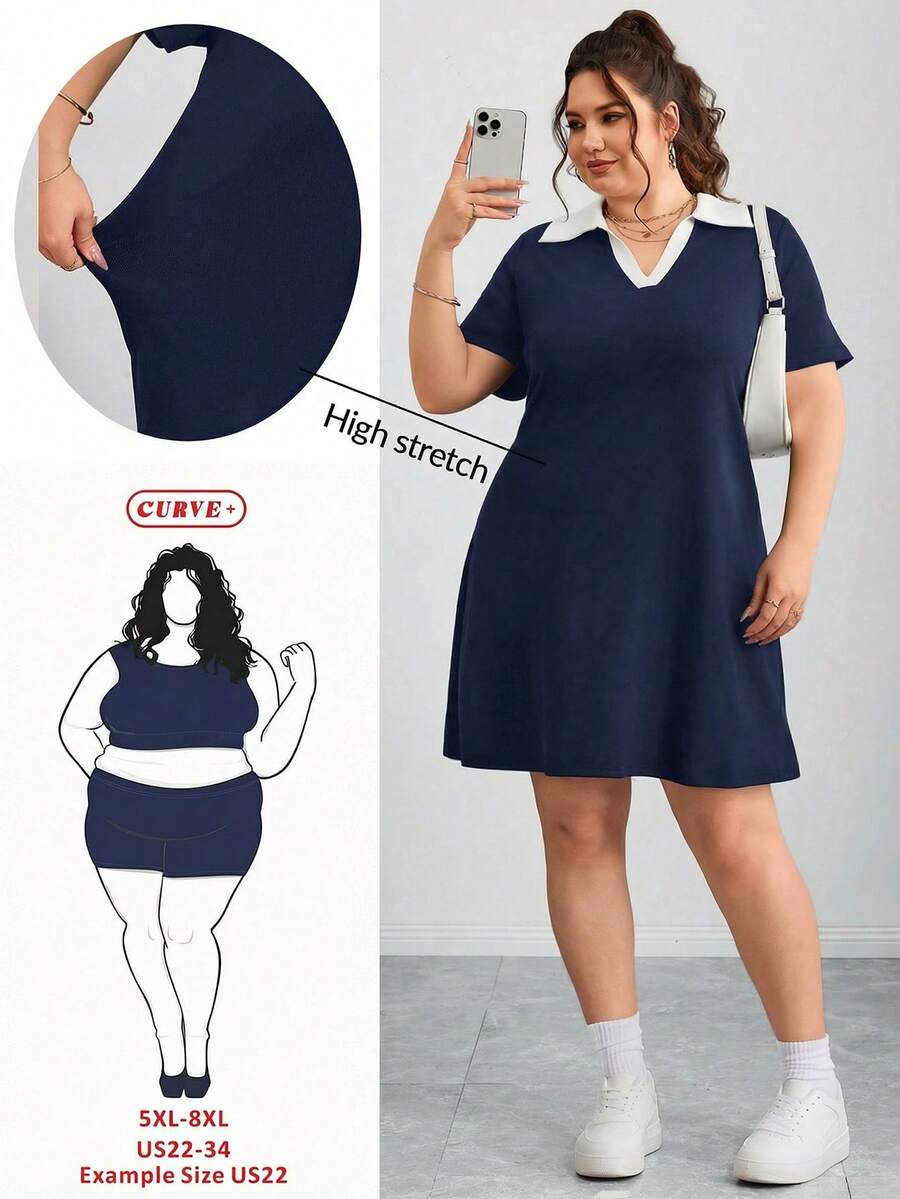 SHEIN CURVE+ 大码女式撞色翻领短袖休闲连衣裙,毕业礼服 - 藏蓝色 - 查看 1