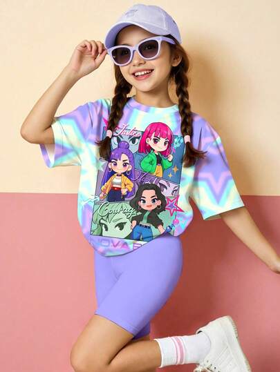 Dopamine Colorful Star Purple, Tween Girl Casual Minimalist Comfortable Round Neck Loose Short Sleeve T-Shirt And Skinny Bike Shorts Set, Suitable For Spring/Summer Daily Wear, Street Style, Outings, Home, Vacation, Sports