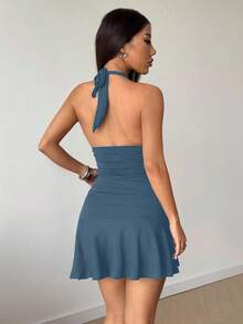 Flirla Petite 黑色露背迷你连衣裙，性感休闲，适合夏季度假 - 霧霾藍 - 查看 2