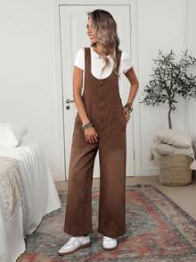 EMERY ROSE 宽松休闲无弹力拉链口袋水洗牛仔背带裤 - 咖啡棕 - 查看 3