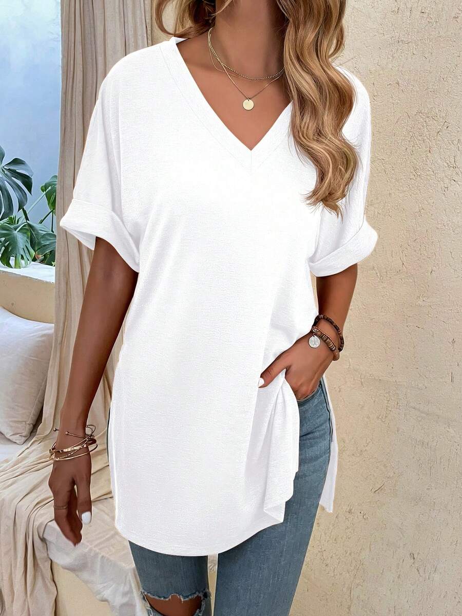 SHEIN Women's Casual Daily Commute Simple Solid Color V-Neck White T-Shirt, Summer - White - View 1