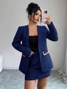 Elenzga 2025秋冬新款女士时尚优雅亮片装饰红色粗花呢套装两件套 - 藏蓝色 - 查看 5