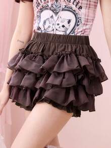 ROMWE Kawaii Váy quần nữ cạp chun, xếp tầng, viền bèo nhún, phối ren, đa năng, thích hợp cho hẹn hò và đi chơi. - Cà phê nâu - Xem 3