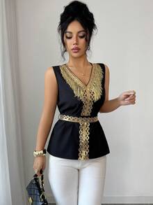 Elenzga Women's Elegant V-Neck Blouse With Luxurious Gold Tassel Trim, Loose Fit With Waist Belt, Suitable For Spring/Summer - Black - View 6