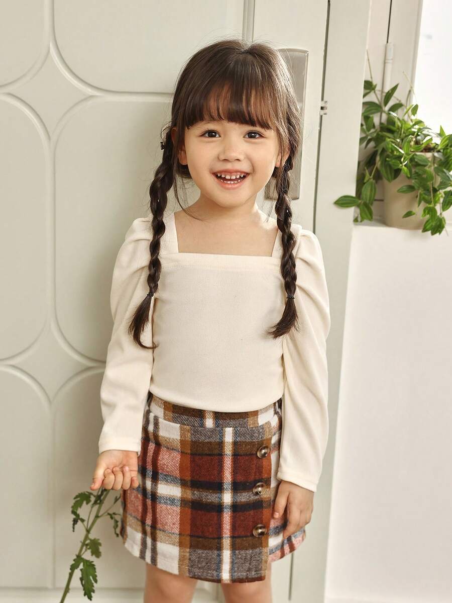 SHEIN Elladie kids 2 Pieces Young Girl Christmas Outfit - Girls Casual Ruched Crew Neck Gigot Sleeve Red Top And Classic Red & White Plaid Asymmetrical Hem Skirt Set, Fashion Versatile Wear For Christmas And Other Occasions, Autumn/Winter