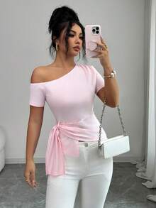 Elenzga 舒适针织单肩系带优雅休闲时尚收腰短袖女式T恤 - 粉色 - 查看 5