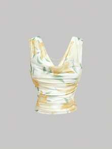 SHEIN MOD 梦幻浪漫黄色花卉印花垂褶领两件套——美人鱼裙摆，珍珠链饰，适合花园茶会、约会、派对、女士春夏装、春假、度假、野餐、节日、生日等场合 - 黃色 - 查看 10