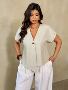 Auralis 新款春夏交叉V领金属纽扣落肩短袖大码女式衬衫/优雅通勤办公女装/教师工作制服V领衬衫商务休闲上衣夏季工作上衣短袖上衣春季休闲度假女式春季衬衫 - 杏色 - 查看 2
