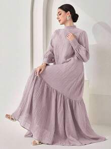 Veilorie Women's Solid Color Stand Collar Ruffle Hem Elegant Long Sleeve Dress - Lilac Purple - View 1