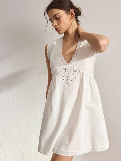 Ocili Vestido/camisón corto sin mangas cómodo de 100% algodón bordado, ropa de estar en casa elegante de otoño