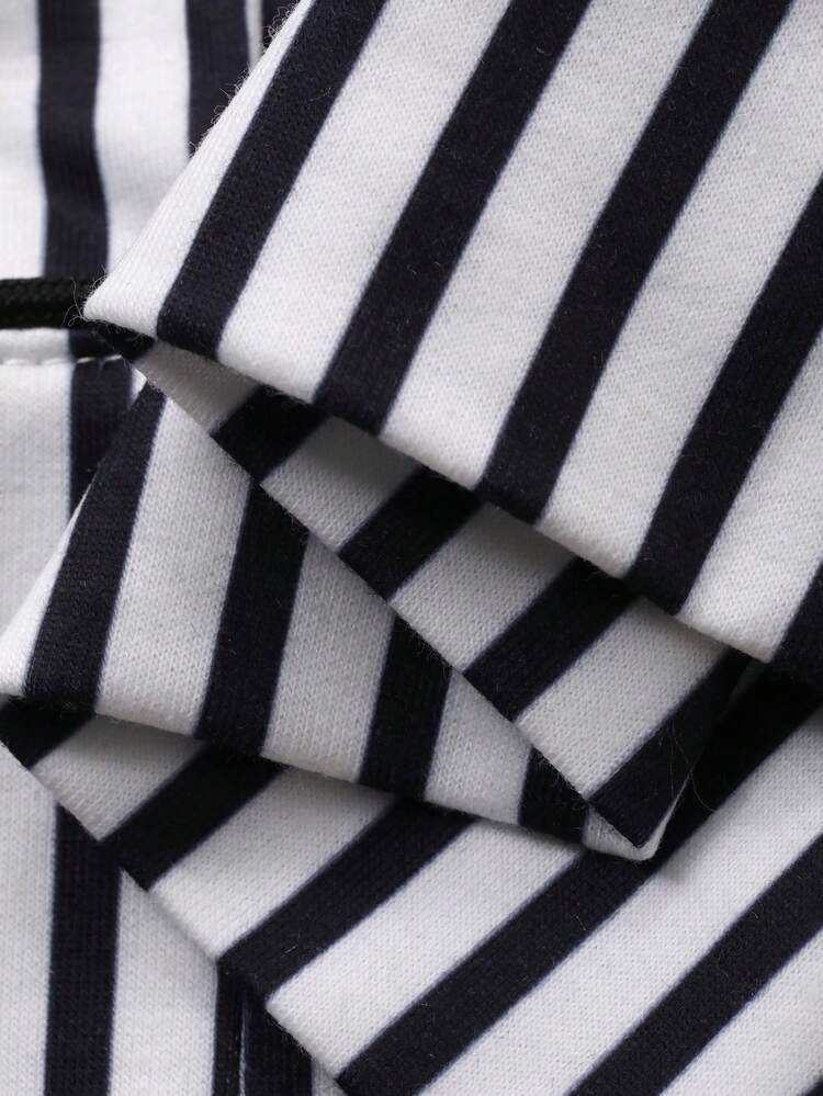 Women's Black & White Striped Loose Fit Long Sleeve Top And Pants 2 Pieces Pajama Set