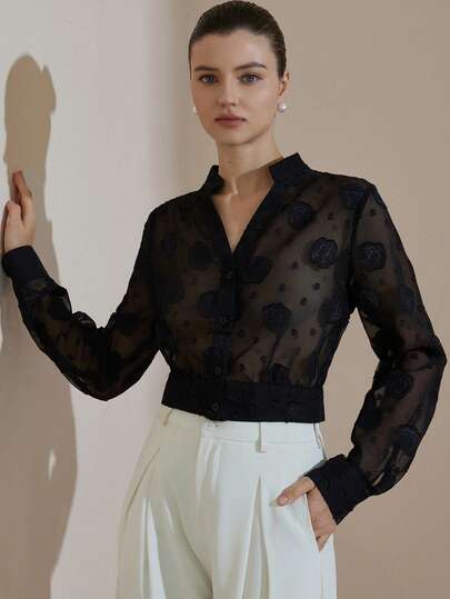Aveloria Rosie Vintage Black Jacquard V-Neck Cropped Top, Minimalist & Refined, Fitted Long Sleeve Accentuates Silhouette, Suitable For Daily Commute